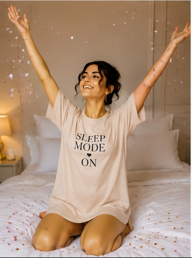 Women’s Beige “Sleep Mode On” Printed Oversized Sleep T-Shirt